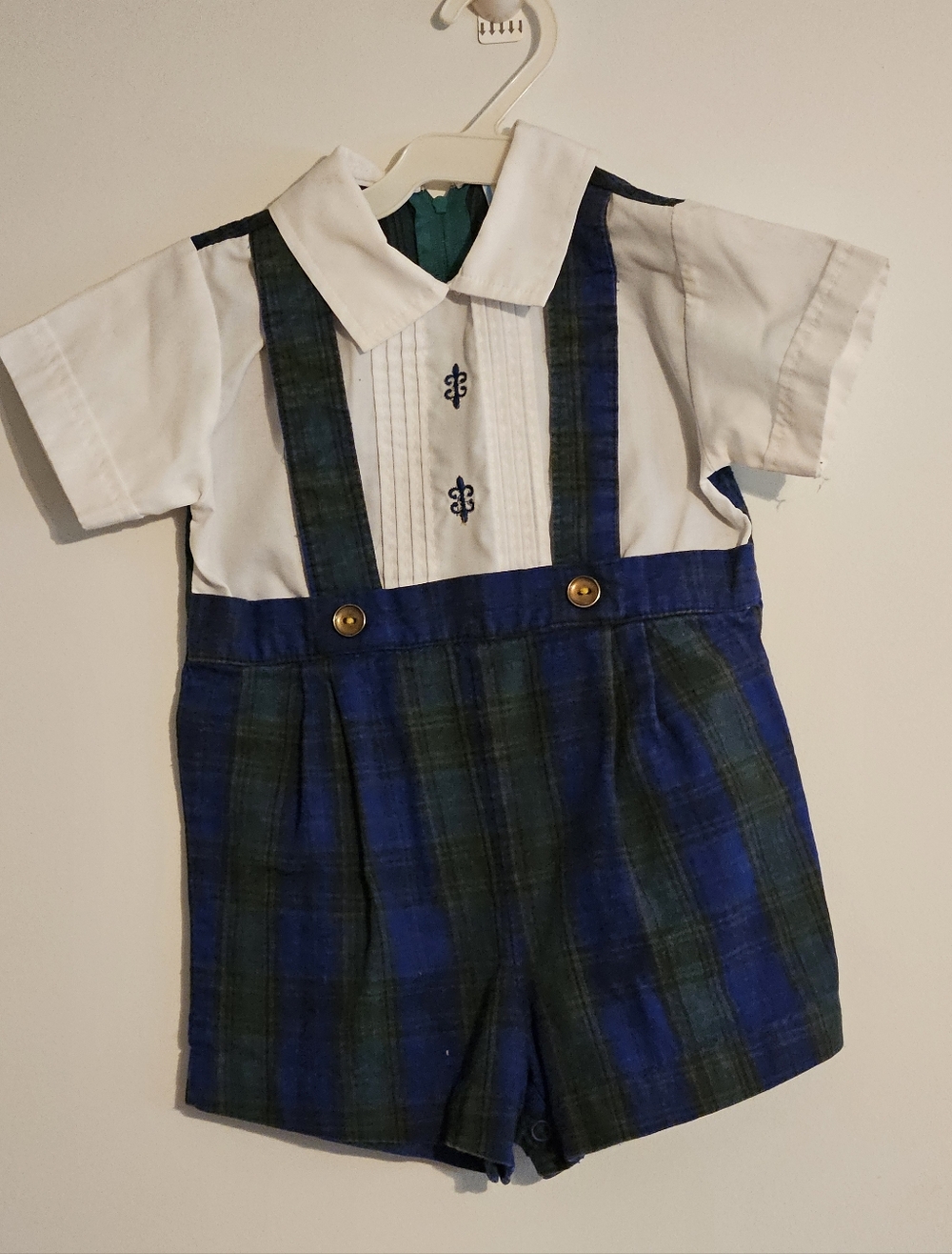 Boys Blue and Green Plaid Suspender Shorts with White Collar Shirt 18 Months